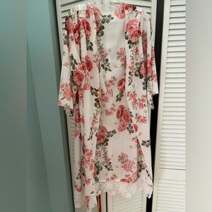 SHEIN Cream Floral Kimono Cardigan with Pink Roses